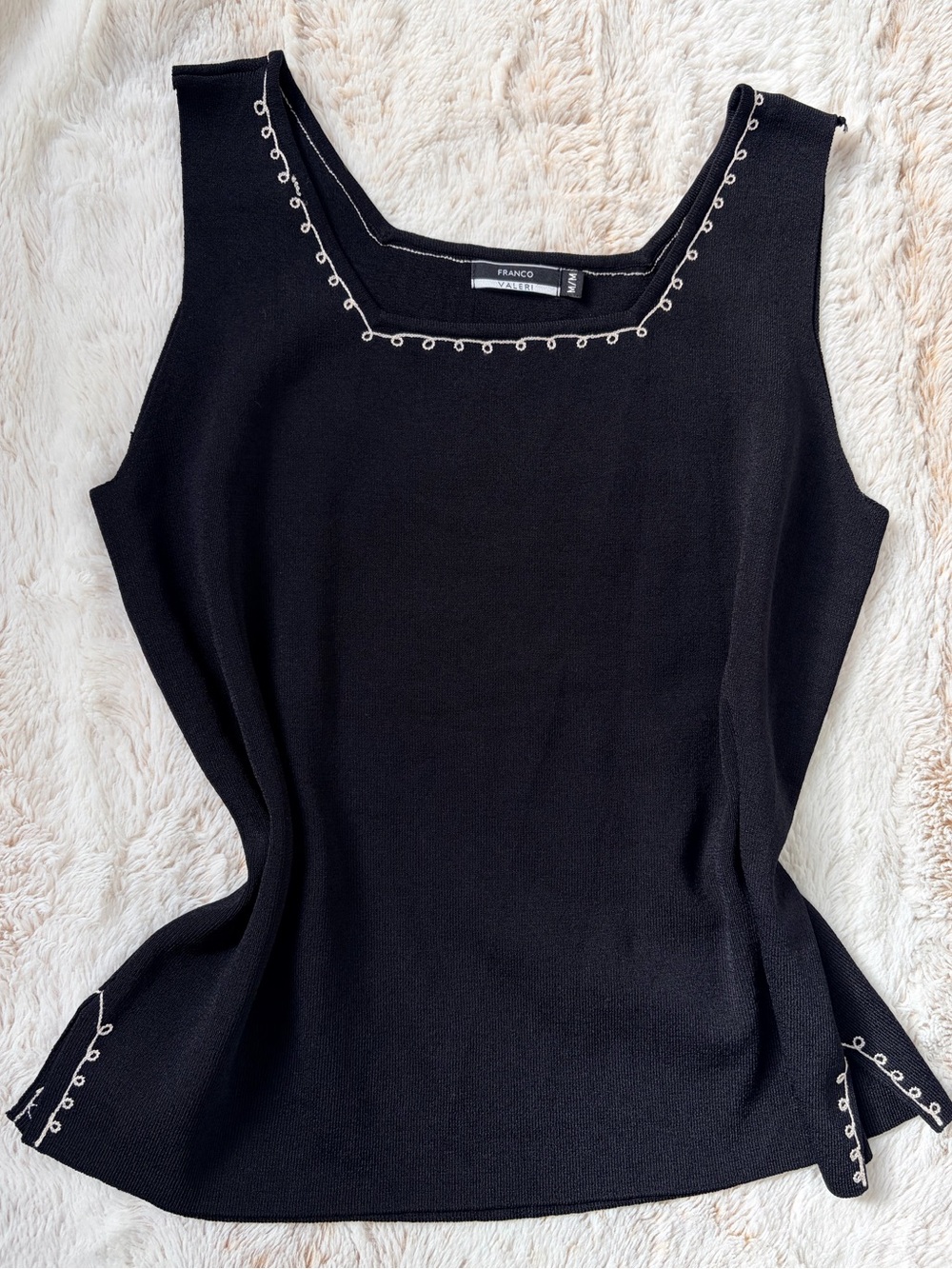 Vintage Black Tank Top with White Loop Trim